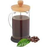 Relaxdays Kaffeebereiter, manuelle Stempelkanne, Siebeinsatz, 600 ml, Glas, Bambusdeckel, Teebereiter, transparent/natur