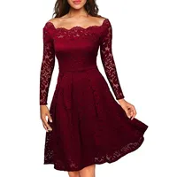 Minasan 1950er Vintage Elegant Sommer Damen Langarm Off Shoulder Rockabilly Cocktailkleid Weinrot Spitze Knielang A Line Midi Schwingen Brautkleid Faltenrock für Hochzeit S - S