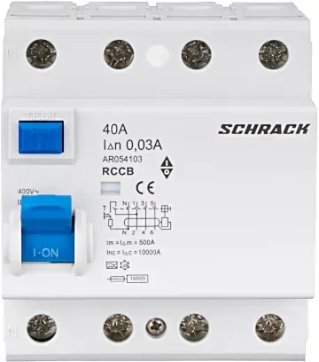 Schrack FI-Schutzschalter, AMPARO, 40A, 4-polig, 30mA, Typ A AR054103—