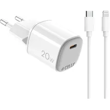 CELLY Ladegerät USB-C 20W Celly UPTC1USBC20WCTL, mit Lightning-Kabel