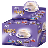 Milka Naps Mix 1 x 1,702 kg, Mini-Schokoladentäfelchen aus Alpenmilch, Erdbeer, Haselnuss und Crème au Cacao