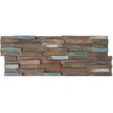 Mendler 10er-Set Teak-Holzfliesen HWC-B95 (1qm), 3D Wandfliesen Wandverkleidung Mosaikfliesen Wandpaneele vintage braun