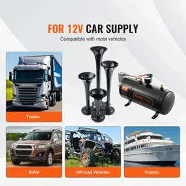 Vevor Zughupen-Set, 4 Trompeten-Lufthupen-Set, 150 dB Zughupen für Pickup-Trucks, 12 V 120 psi Luftkompressor, 3 L Tank mit Manometer für jedes 12 V Fahrzeug, Auto, LKW, Zug, Van, Boot usw. Schwarz