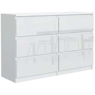 meble masztalerz Kommode mit 6 Schubladen 120 cm, Sideboard Wohnzimmer, Kommode Schlafzimmer H: 78,5cm, B: 120 cm, T: 39 cm, Kommode mit Schubladen, Schubladenschrank (Weiß Hochglanz)