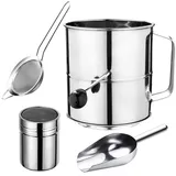 Mehlsieb, 5 Tassen Edelstahl Mehlsieb, 4-in-1 Backsieb-Set mit Puderzuckerstreuer, Sieb, feines Netz und Metallschaufel zum Backen von Kuchen, Gebäck, Kuchen, Cupcakes, Desserts