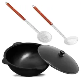 4big.fun Kazan aus Gusseisen 22 L mit Aluminium Deckel Usbek Schwenktopf Plov Uzbekisch Asia WOK Gusseisentopf Grillwok