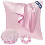 Seiwohl Satin Kissenbezug 80x80, 2er Set Kissenbezug Seide 80x80 Silk Pillowcase Seide Kissenbezug Seiden Kopfkissenbezug Haarschonender Kissenbezug Satin Schlafhaube Rosa