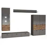 Feldmann-Wohnen Wohnwand, Grau, Braun, Holzwerkstoff, 11 Fächer, 1 Schubladen, Rechteckig, 300x144x40 cm, Wohnzimmer, Wohnwände, Wohnwand-Sets