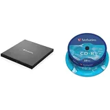 Verbatim External Slimline CD/DVD Writer, USB 3.2 Gen1 mit USB-C Anschluss inkl. USB-C auf USB-A-Kabel, Externer DVD-Brenner, inkl. 700 MB CD-R 25er Spindel