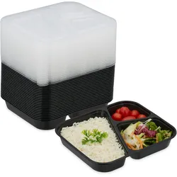Relaxdays Meal Prep Boxen, 24er Set, 3 Fächer, mikrowellengeeignet, wiederverwendbar, Kunststoff Essensbehälter, schwarz