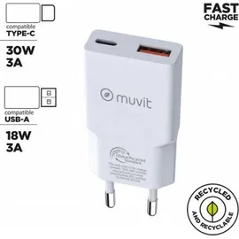 Muvit for Change HC-263 Weiss 18 W, 3.0 W 30 W), USB qc 18-W-Wandladegerät - 1 USB-C pd 30w blanco Silber