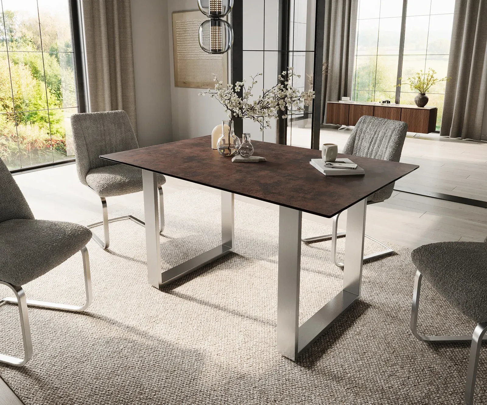 DELIFE Table à manger Edge 140x90 verre antique-brun acier inoxydable Étroite, Tables de salle à manger