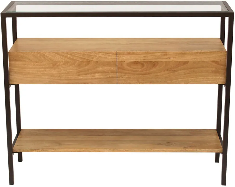 Console en bois manguier massif et plateau en verre 2 tiroirs L100 cm SITA