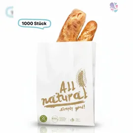 Blanc HYGIENIC Bäckerfaltenbeutel, Papierbeutel, weiß, Aufdruck "All natural" 12 + 5 x 25 cm, 1000 Stück, umweltfreundlich und recyclbar,