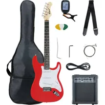 McGrey Rockit ST Komplettset E-Gitarre (8-teiliges Anfängerset mit Gitarre, Verstärker, Ersatzsaiten, Gitarrentasche, Stimmgerät, Plektren, Gurt und Gitarrenkabel) Fiesta Red