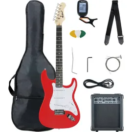 McGrey Rockit ST Komplettset E-Gitarre (8-teiliges Anfängerset mit Gitarre, Verstärker, Ersatzsaiten, Gitarrentasche, Stimmgerät, Plektren, Gurt und Gitarrenkabel) Fiesta Red