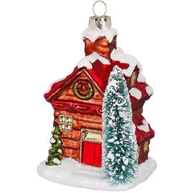 INGE-GLAS Christbaumschmuck Winterhaus mit Weihnachtsbaum 10cm Glas Dekofigur Rot Grün