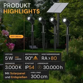 LUXULA Solarleuchte schwarz 5 W 3000K 200 lm 4er Set