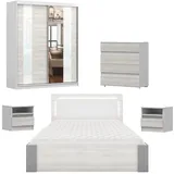 Deine Möbel 24 Schlafzimmer-Set HEAVEN MULTI Komplettschlafzimmer Kleiderschrank 183 203 233 cm, (Schwebetürenschrank Kleiderschrank mit Spiegeltüren Kommode 2x Nachttisch Doppelbett 160x200, 5-tlg., Set), mit LED-Beleuchtung Matratze optional