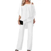 Damen Zweiteiler Outfit Sommer Hosenanzug Damen Tüll Sets Zweiteiler Chiffon Shirt und Hohe Taille Hosenanzug Elegant Vintage 2-Teiliges Set Outfit Cocktail Party Hosenanzug(White,XL) - XL