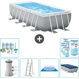 Intex Pool mit rechteckigem Prismenrahmen – 488 x 244 x 107 cm – Grau – inklusive Pumpe – Leiter – Bodenplane – Abdeckung Wartungspaket...