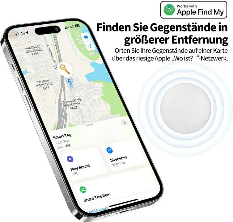 Rexsun RSH-iTag11 Anti-Verlust-Tracker für Apple „Wo ist?“ – Austauschbare CR2032-Batterie, IP53 wasserresistenter Bluetooth-Tracker mit Signalton, Verloren-Modus & Zurückgelassen-Benachrichtigungen