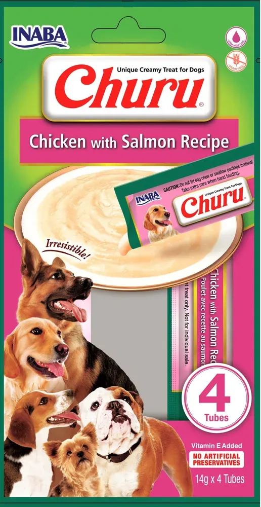INABA Churu 4P Hundeleckerli mit Huhn- und Lachsgeschmack 4x14g