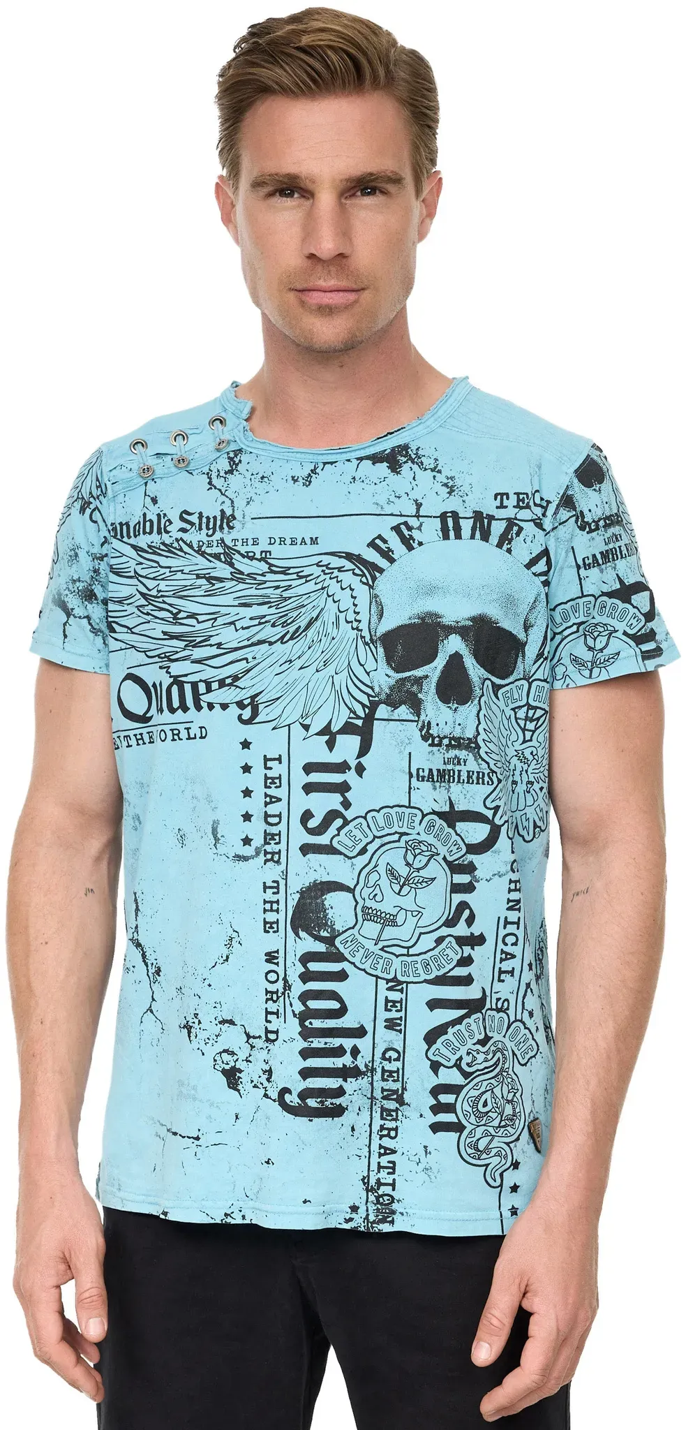 T-Shirt RUSTY NEAL "Rusty Neal", Herren, Gr. S, blau, 100% Baumwolle, bedruckt, normal, Rundhals, Kurzarm, Shirts, mit Allover-Print