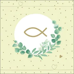 20 Servietten Papier 33x33cm 3-lagig - hochwertige Einweg Papierservietten Fischsymbol Eukalyptus Motiv Tischdeko Religion Kommunion Firmung Taufe