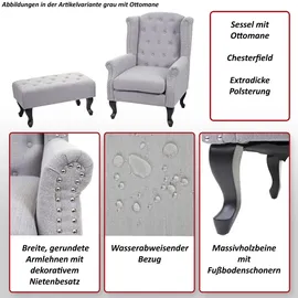 MCW Ohrensessel Chesterfield Stoff/Textil 0 x 0 x 0 cm Grau mit Ottomane