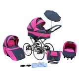 SKYLINE Klassisch Retro Stil Kombi-Kinderwagen Buggy 3in1 Reise System Autositz (Isofix) (Pink/17"Hartgummi Bereifung)