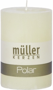 Müller Kerzen Polar Stumpenkerzen 100/68 mm, Raureif-Effekt, Mittelgroße Kerze für eine langanhaltende gemütliche Stimmung im Raum, 1 Packung = 4 Stück, vanille