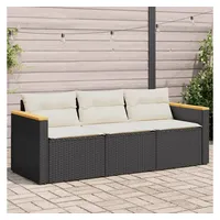 vidaXL Gartensofa mit Kissen 3-Sitzer Schwarz Poly Rattan