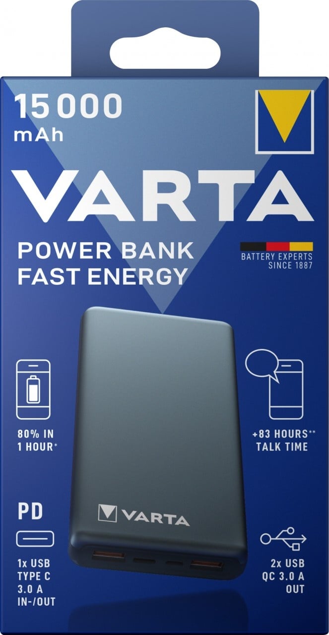 Varta Akku Powerbank, 5V/15.000mAh, Fast Energy, grau 2xUSB-A/Micro-B/-C, Quick Charge 3.0