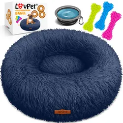 LOVPET® Hundebett Hundekissen Katzenbett Bagel, Waschbar, Inkl. Napf + 3x Kauknochen, Hundesofa flauschig Kissen Rund aus Plüsch für Kleine, Mittelgroße & Große Hunde, Katzen