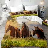 CCZM Pferd Bettwäsche 220x240 - Bauernhaus Bettbezug 220x240 - Braunes Pferd Wildtiere Wendebettwäsche und 2 Kissenbezug 80x80, Warm Mikrofaser Bettwäsche-Sets mit Reißverschluss, F-399