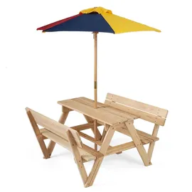 Fantask COSTWAY Kindersitzgruppe mit Sonnenschirm, Picknicktisch mit Tisch & 2 Sitzbänken, für 4 Kinder ab 3 Jahren