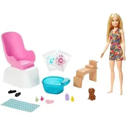 MATTEL GHN07 Barbie Mani-Pedi Puppe (blond) Spielset, Anziehpuppe, Nagelstudio mit Zubehör