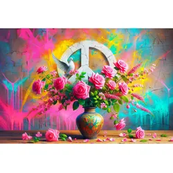 queence Acrylglasbild »Blumen, Farben und Frieden«, Peace-Zeichen-Fantasy-Vögel-Vasen-Vasen & Töpfe-Vogelbilder, (1 St.), Kunst, knallige Farben, bunt queence Farbe Bild(er): Knallige bunte Farben