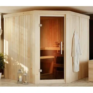 Karibu Sauna Jarin mit Eckeinstieg aus Holz Innensauna mit 68 mm Wandstärke Saunakabine Infrarotsauna - Naturbelassen