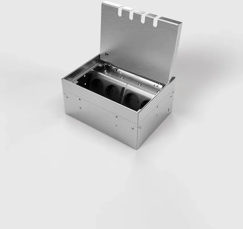 BS 8904B-4-0 Bodentank, 4-fach, eckig, höhenverstellbar, belegbar, Klappdeckel aus Edelstahl, 2x Schutzkontakt-Steckdose, 1x RJ45 2-fach, 1x Antenne (SAT/TV/R, Enddose)