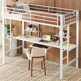 XDOVET Hochbett mit Schreibtisch und zwei Bücherregalen 90 x 200 cm MDF weiß