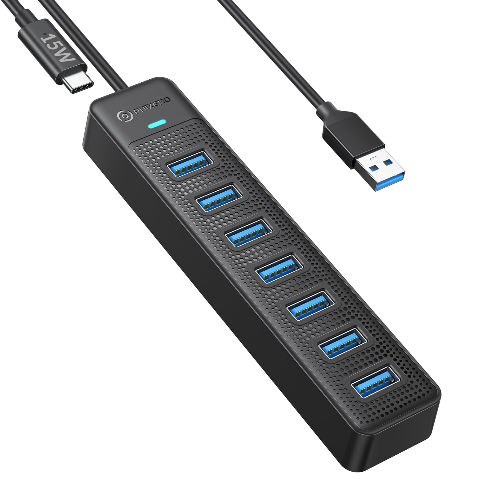 PHIXERO 7 Port USB Hub, USB 3.0 Hub USB Verteiler mit 15W USB C Power Port, Super Speed 5Gbps Datenhub, Kompatibel mit Allen USB Port Geräten (15CM Cable, 7 Port)