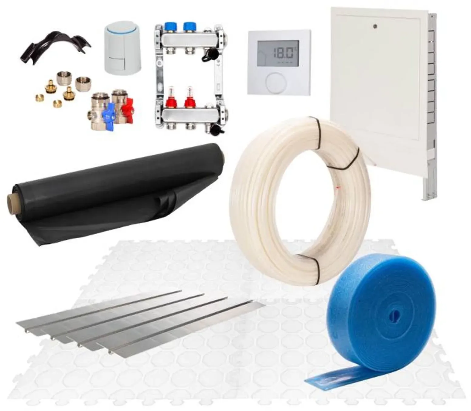 30 m2 Set Trockenestrichsystem 25 mm WLG 035 PE-RT Rohr Raster 12,5 cm 3 Heizkreise LCD Regler 230 V + Zubehör