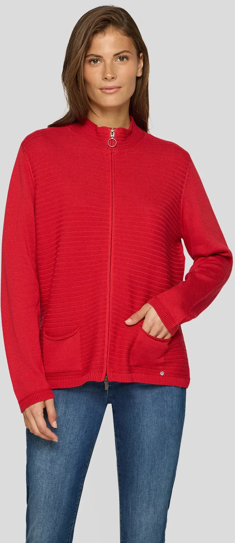 Strickjacke RABE, Damen, Gr. 48, mohn, Obermaterial: 50% Baumwolle, 50% Polyacryl, unifarben, Strickjacken Strickjacke, mit Reißverschluss und Stehkragen