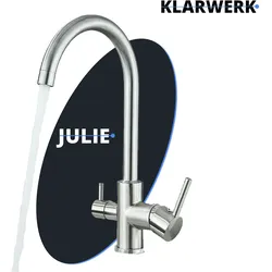 Julie | 3 Wege Premium Silber gebürstet Trinkwasser Armatur | Edelstahl Osmose Wasserhahn Küche |Mischbatterie - 360 Grad | Filter 3 Anschlüsse