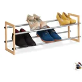 Relaxdays Schuhregal ausziehbar, offener Schuhständer mit 2 Ebenen, Holz & Eisen, erweiterbar bis 118 cm Breite, Natur,