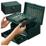 Soulima Schmuckkasten Schmuckschatulle Etui Schmuckbox (Spar-Set, 1 St., sichere Aufbewahrung), 8 Kettenaufhänger, 15 Ringplätze, 18 Ohrringplätze, Uhrenfach grün