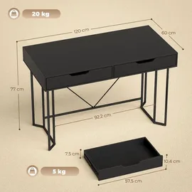 Homcom Computertisch mit 2 Schubladen Bürotisch im Modern-Design, Metallgestell für Arbeitszimmer Schlafzimmer Home Office, 120 x 60 x 77 cm Schwarz