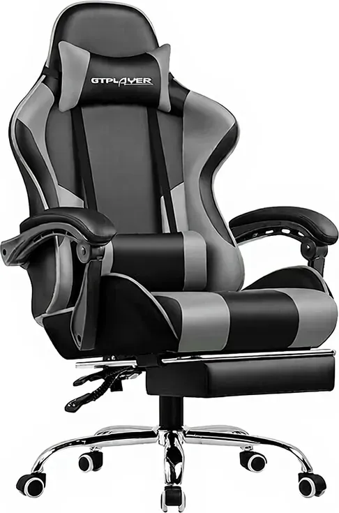 GTPLAYER ergonomischer Büro- und Gaming-Stuhl mit Fußstütze, Kopfstütze und Massage-Lendenkissen, grau